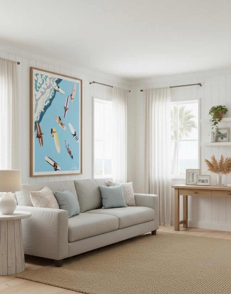 Birds Eye view Illustration of people on surfboards on a blue sea and waves background. Large framed art print on a living room wall.