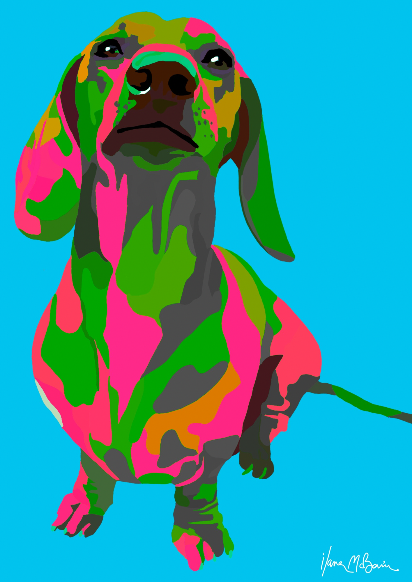 Pop-Art acrylic paint canvas, featuring a whimsical dachshund in aqua blue background.