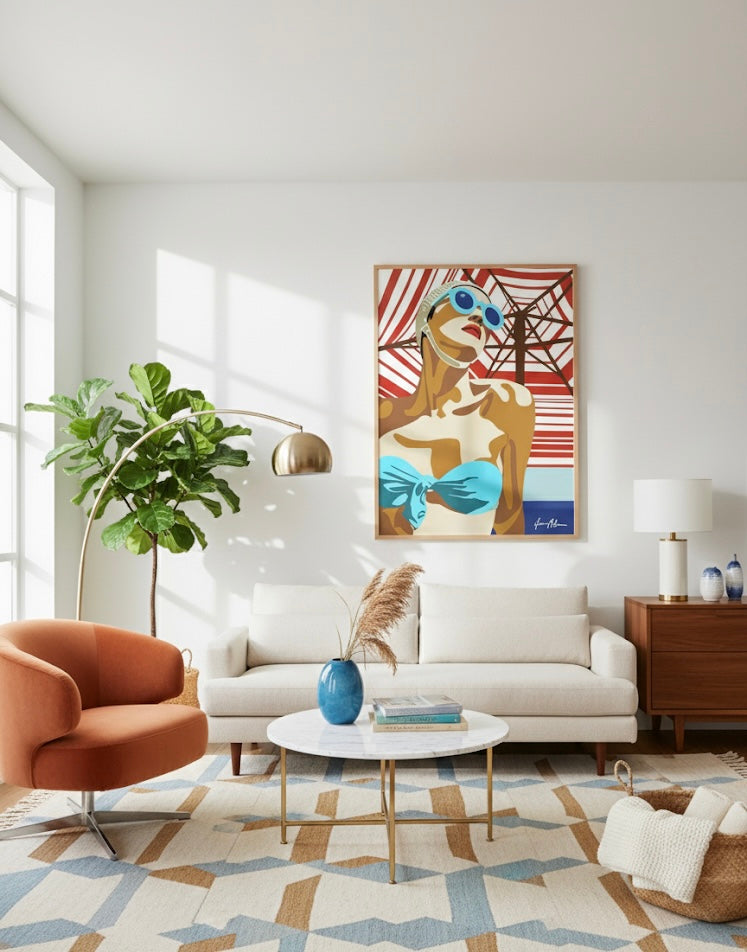 Artistic art print, retro depiction of a woman in a blue bikini and sunglasses against a red and white striped beach umbrella background on a living room wall.