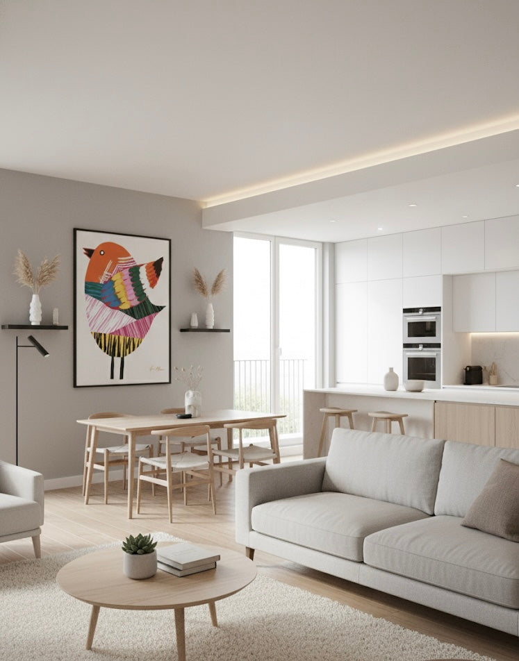 Colourful bird illustration with abstract patterns on a white background In an open plan living space