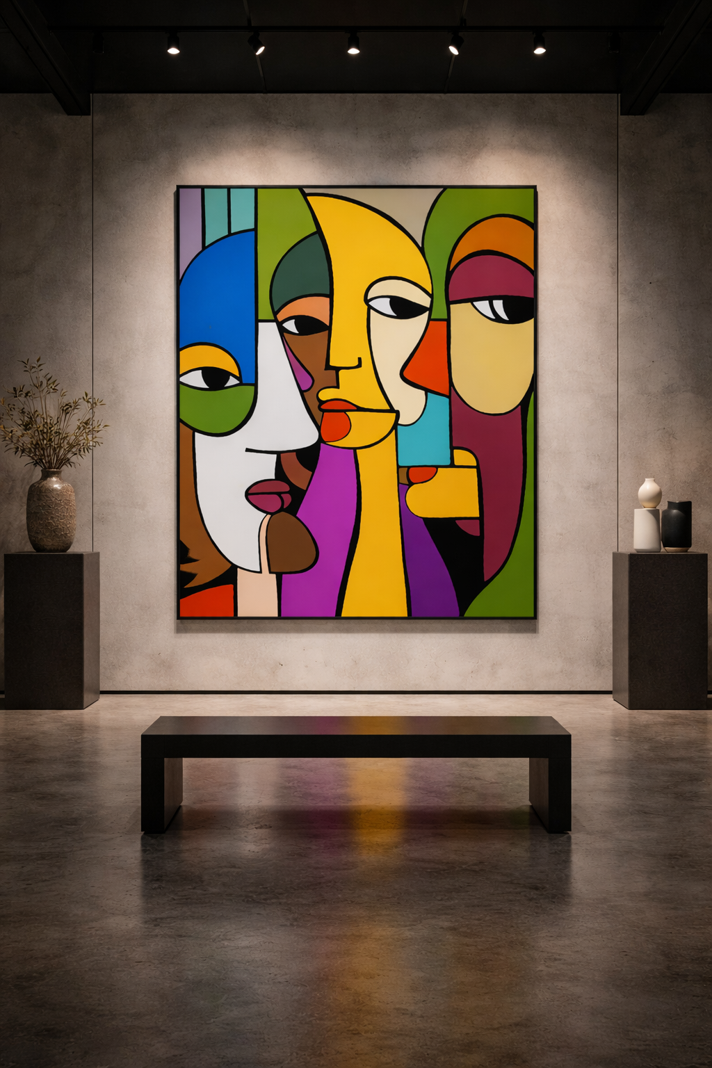 Held Gaze by Ilana McBain, 170 x 240 cm monumental oil painting displayed in a contemporary concrete gallery with dramatic overhead lighting and minimalist bench.