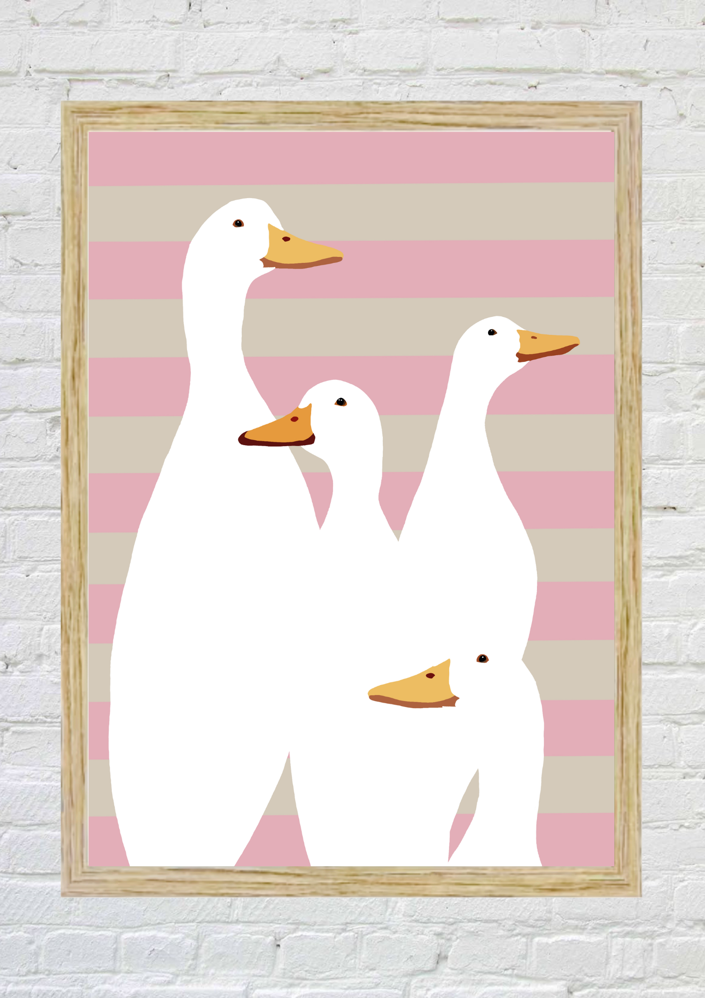 Framed artwork of four ducks on a pink and beige striped background