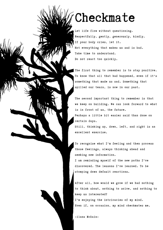 A poem called “Checkmate” by Ilana McBain. Black and White Illustration.