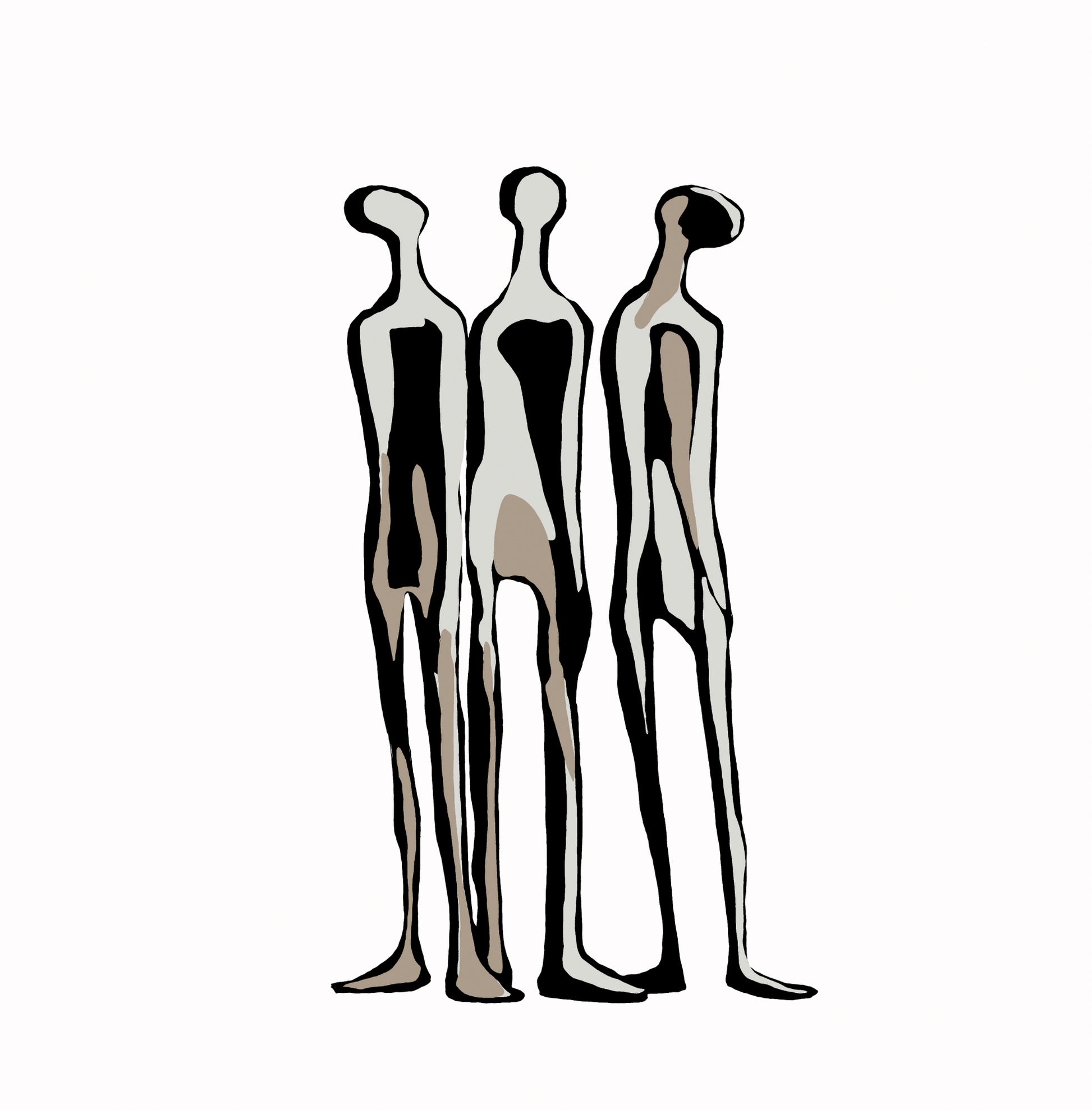 Three abstract human figures in a line on a white background