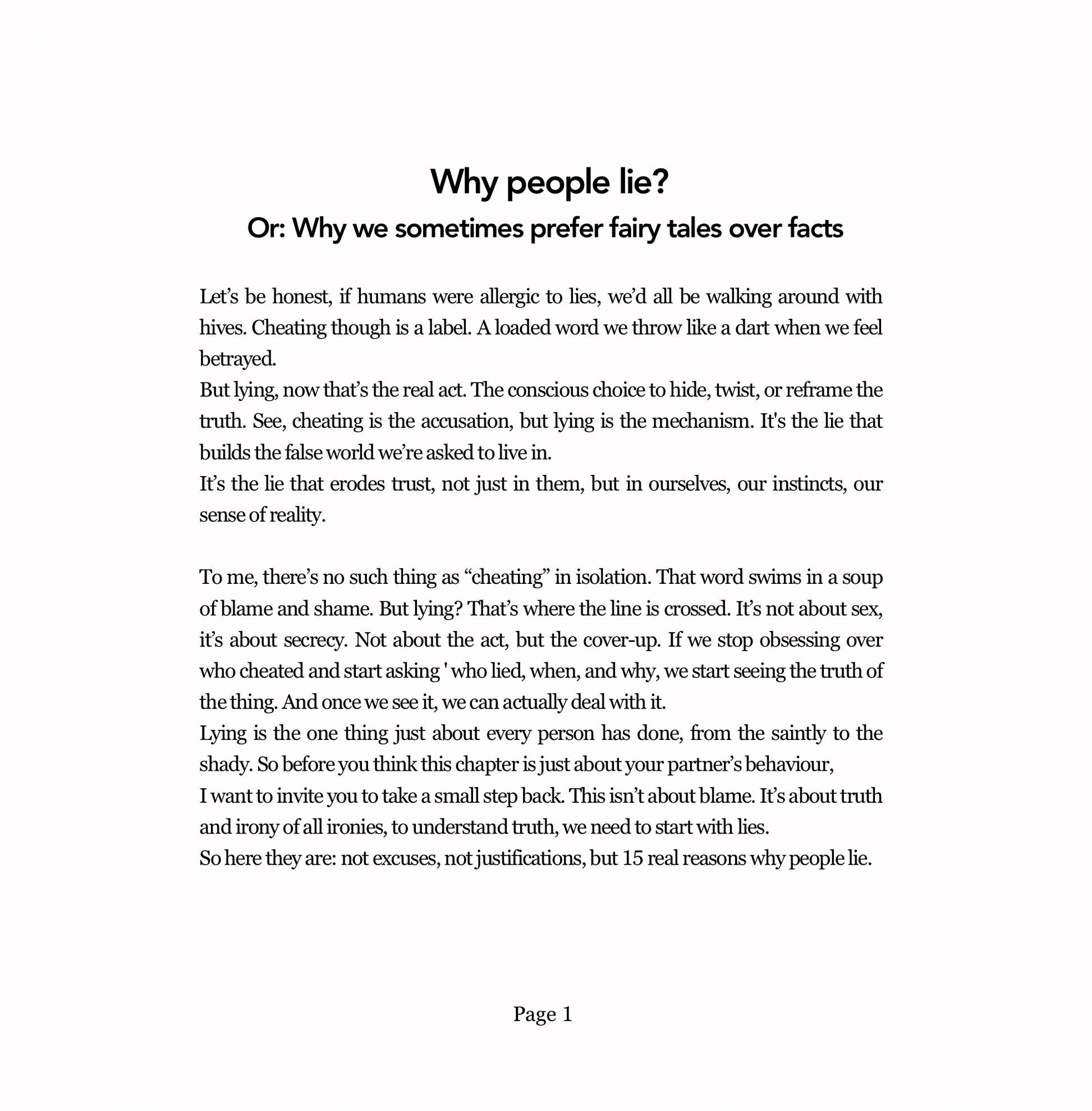 Text document discussing why people lie and preferring fairy tales over facts.