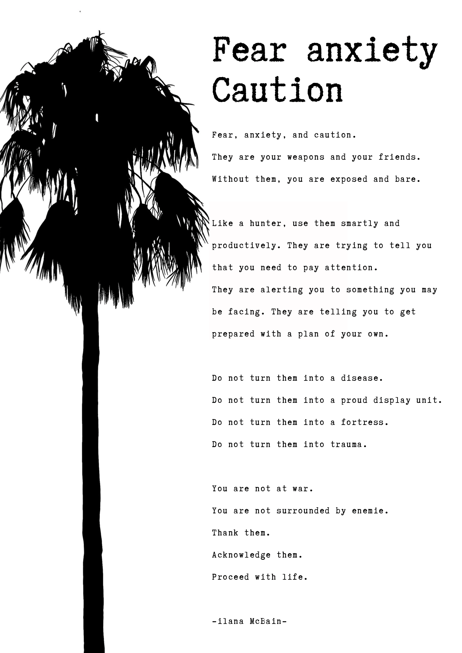 A poem called “Fear Anxiety Caution” by Ilana McBain. Black and White Illustration.
