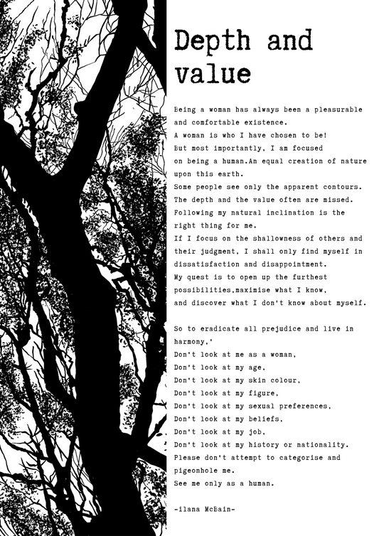 A poem called “Depth and Value” by Ilana McBain. Black and White Illustration.