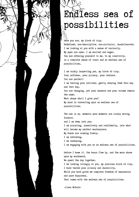 A poem called “Endless Sea Of Possibilities” by Ilana McBain. Black and White Illustration.