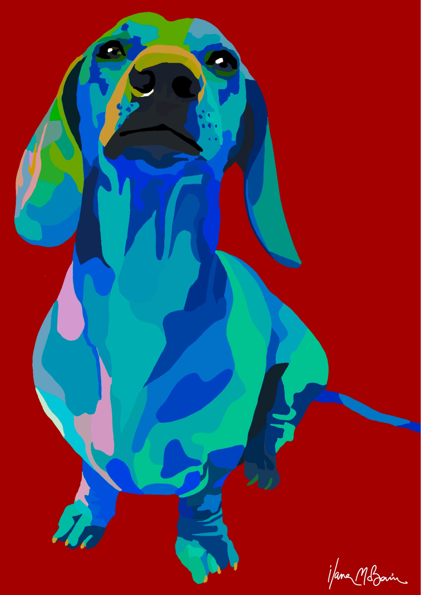 Pop-Art acrylic paint canvas, featuring a whimsical dachshund in red background.
