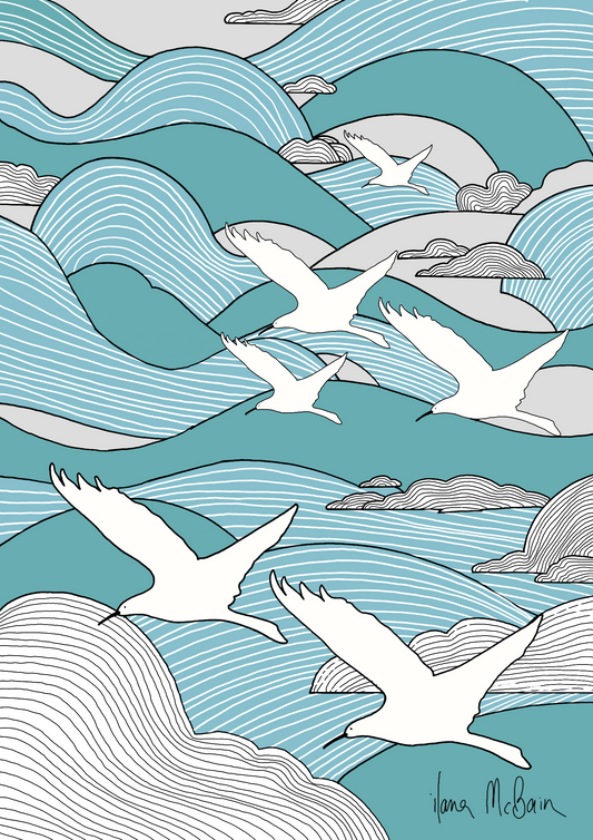 Soaring Spirits – Elegant Birds Above the Clouds Art Print by Ilana McBain