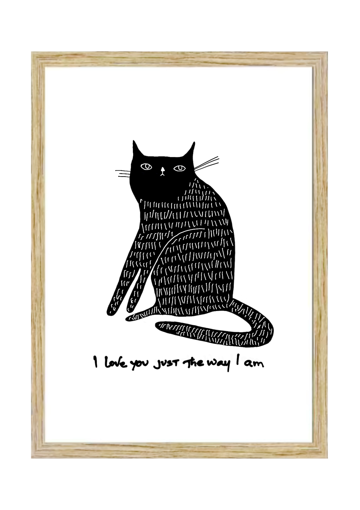 Framed artwork with a black cat illustration and text on a white background