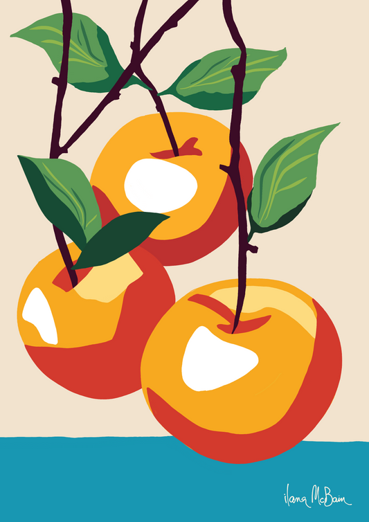 Illustration of apples on a branch with leaves against a beige background