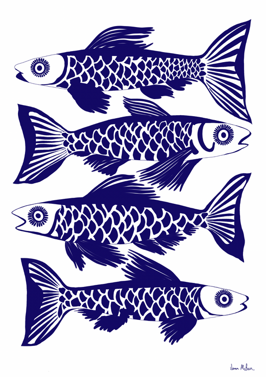 Four blue fish illustrations with intricate patterns on a white background