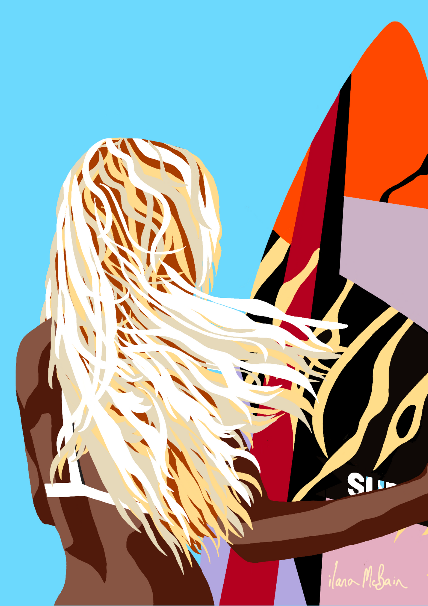 Illustration of a girl surfer with long blonde hair holding a surfboard against a blue background