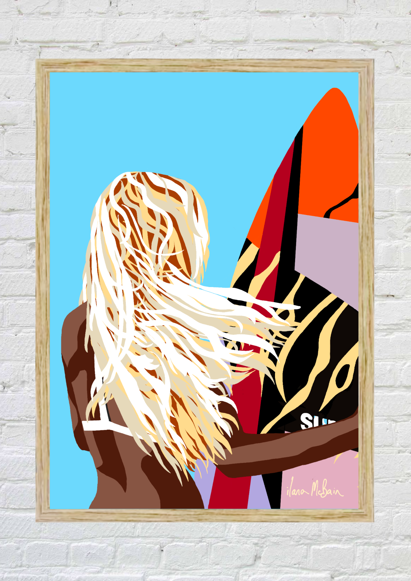 Framed artwork of a blonde long hair girl surfer with a surfboard against a blue sky.
