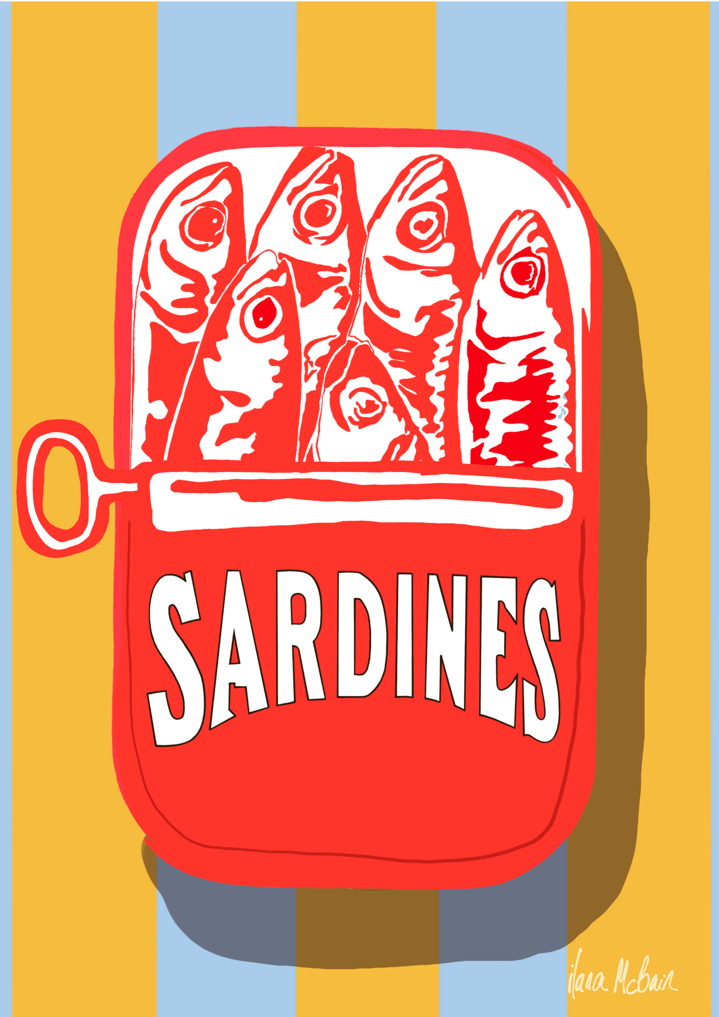 Artwork of a red sardine can with fish illustration on a yellow and blue striped background.