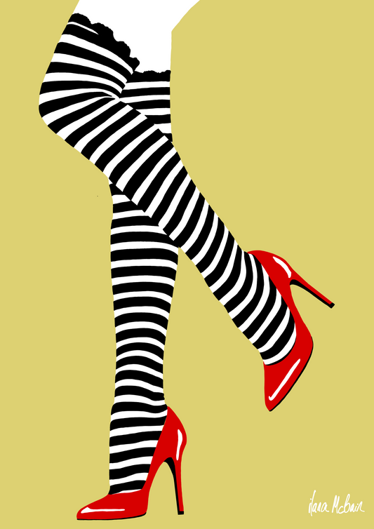 Black and white striped stockings with red high heels on a beige background