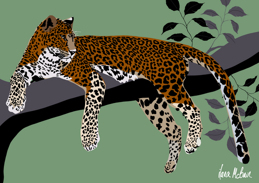 Illustration of a leopard on a branch with leaves in the background