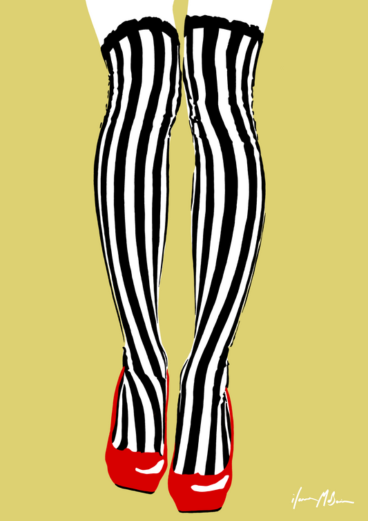 Long legs with black and white striped tights with red shoes on a yellow background