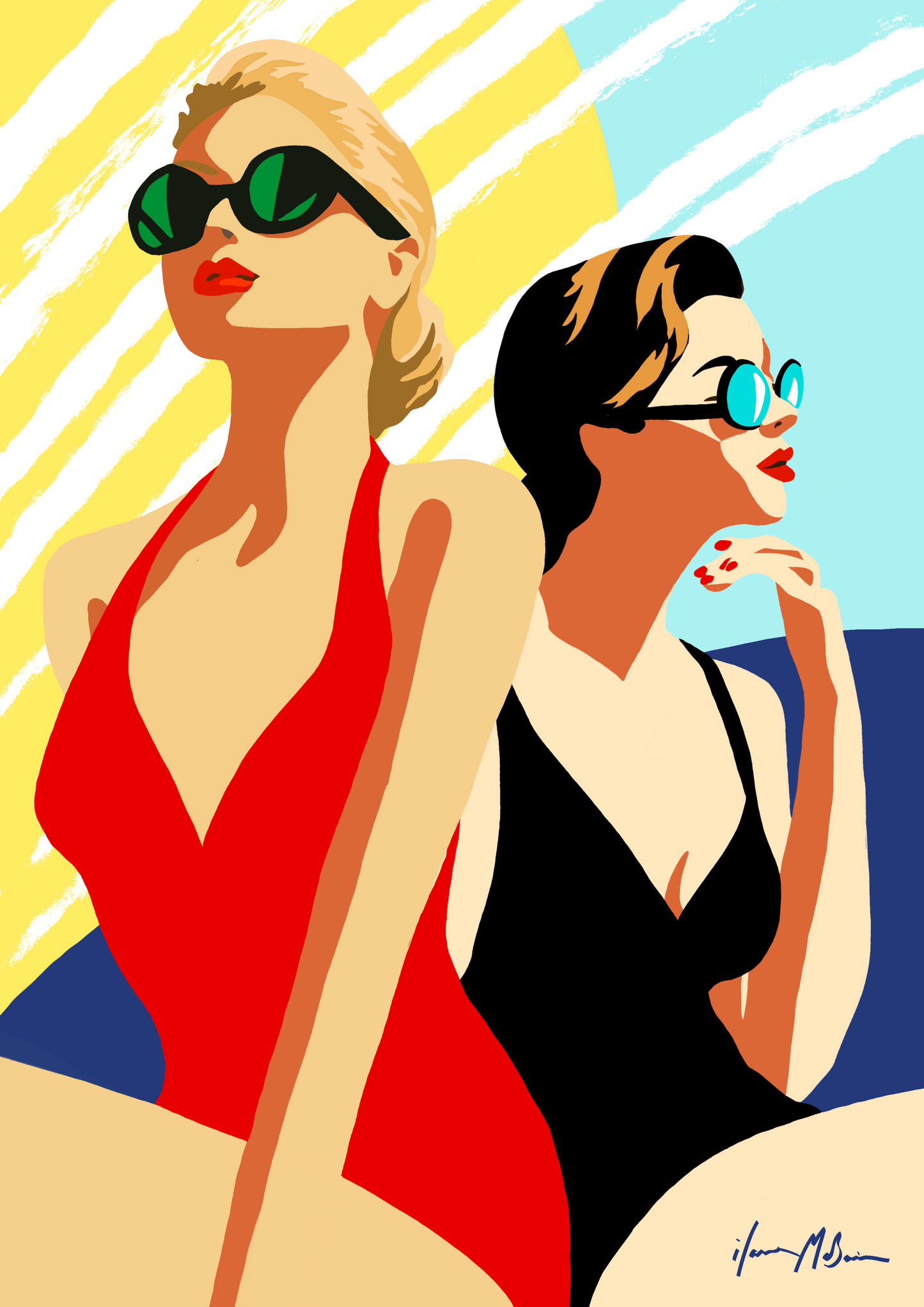 Two women in swimsuits with sunglasses against a colorful background