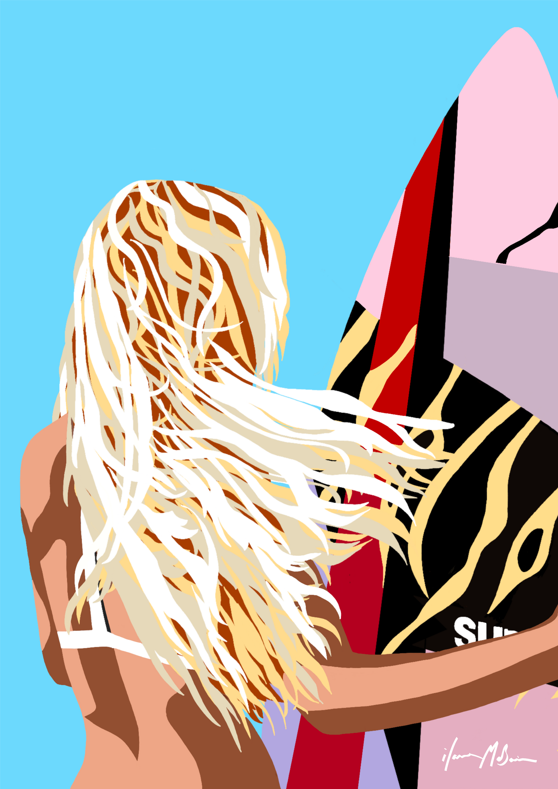 Illustration of a girl with blonde hair holding a colourful surfboard against a blue background