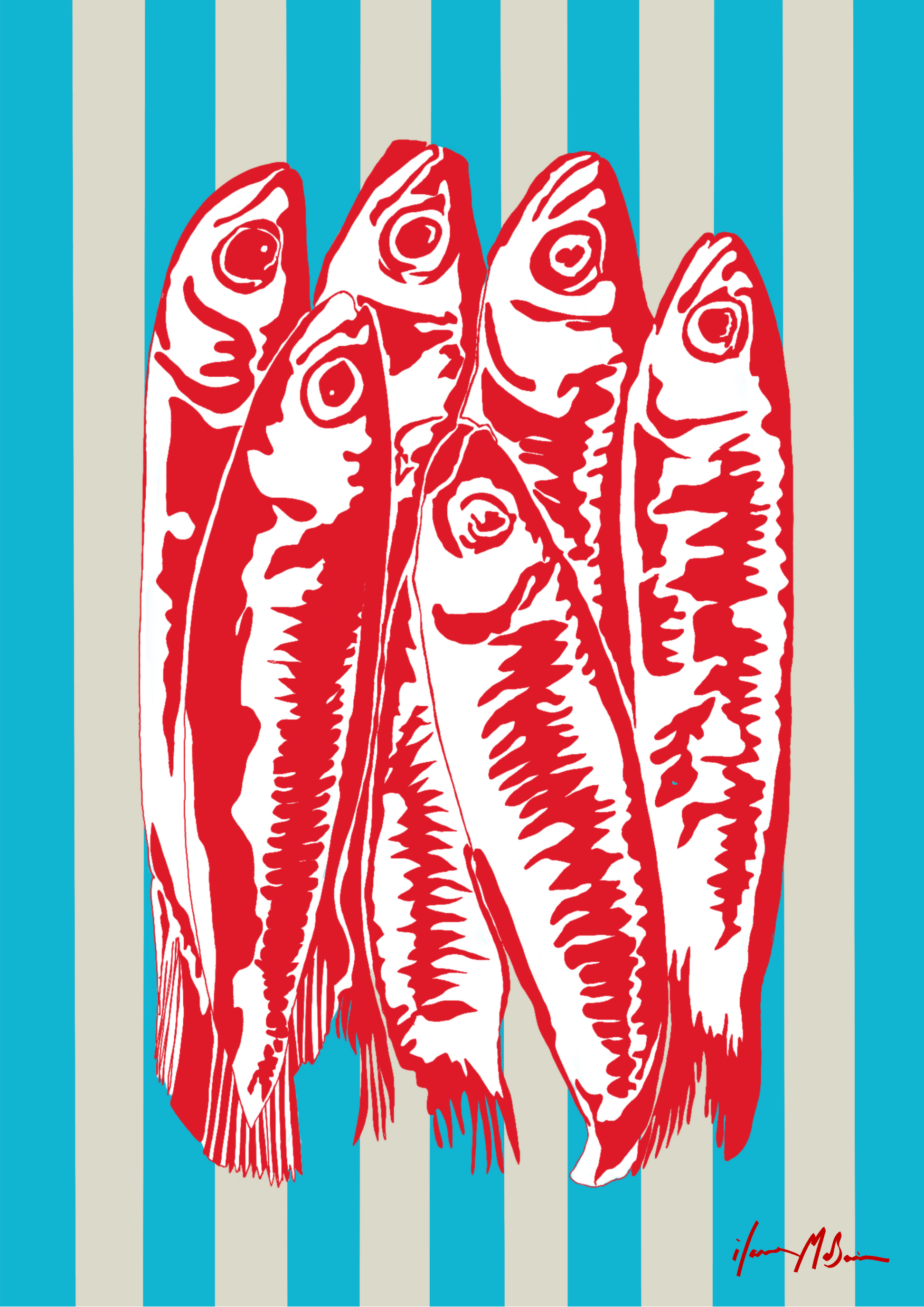 Red fish illustrations on a blue and beige striped background