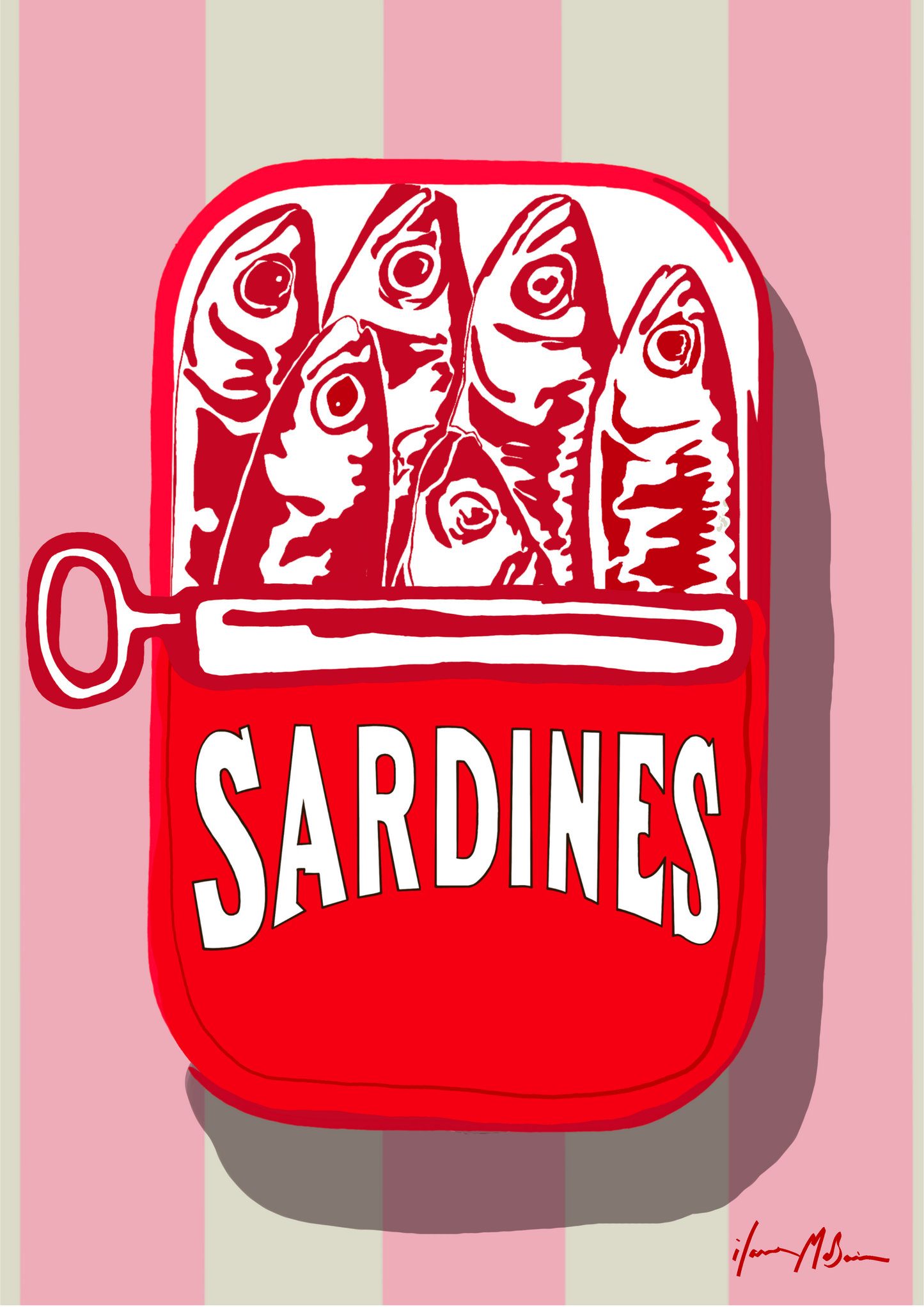 Red sardine can with fish illustration on a pink and white striped background
