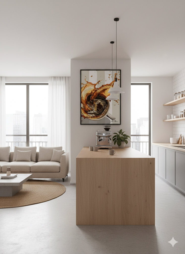 Modern kitchen and living room with a coffee-themed dynamic art print of coffee splashing from a cup on a background of white a beige stripes. wall art