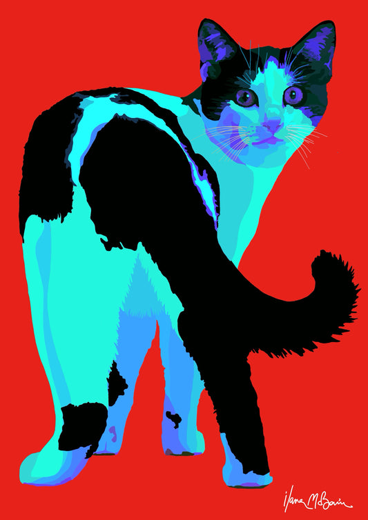 Pop-Art acrylic paint canvas, featuring a whimsical cat in red background.