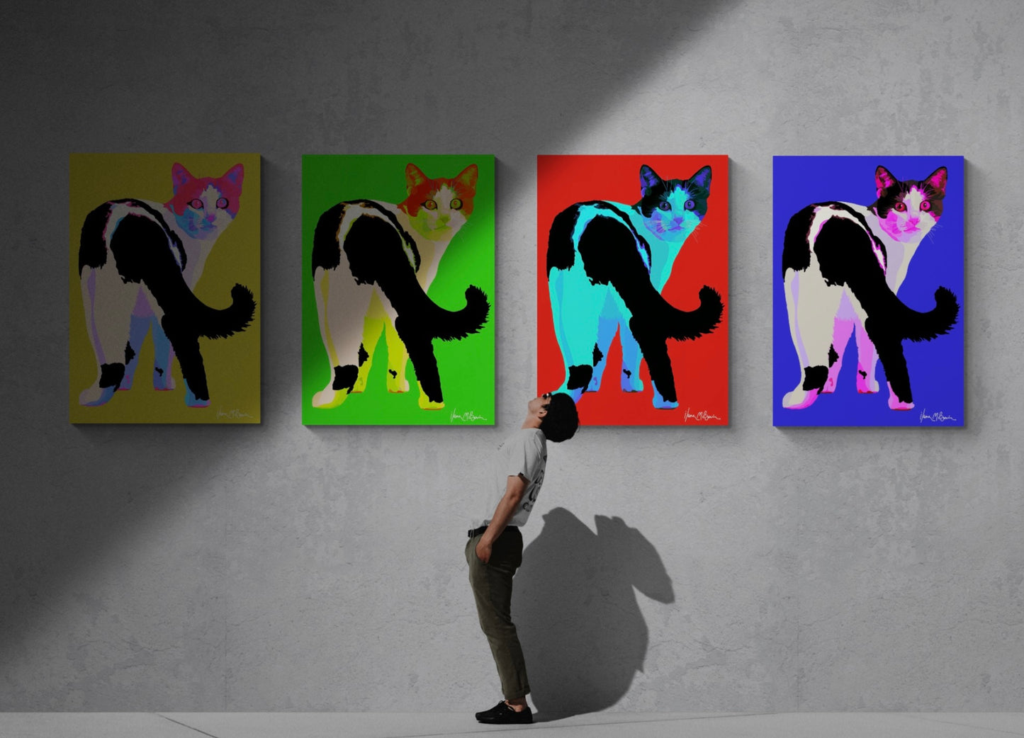 Four intricately designed original Pop-Art acrylic paint canvases, featuring a whimsical cat in red, yellow, blue and green colour backgrounds, lounging contently on a gray gallery wall.
