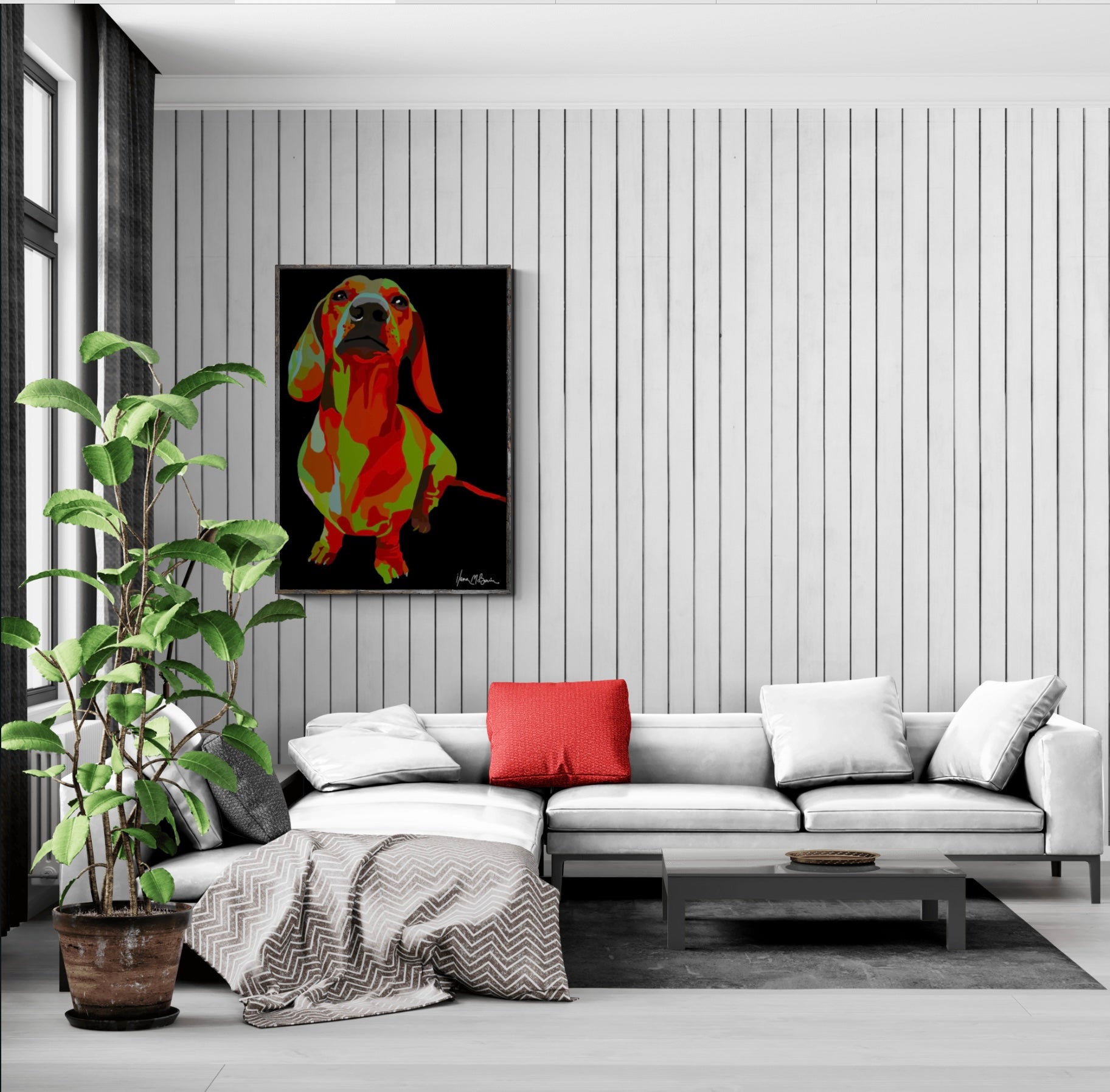 An intricately designed digital art printed canvas, featuring a whimsical dachshund in black background, adorned with vibrant Pop- Art patterns and colors, lounging contently amidst a surreal sunroom.