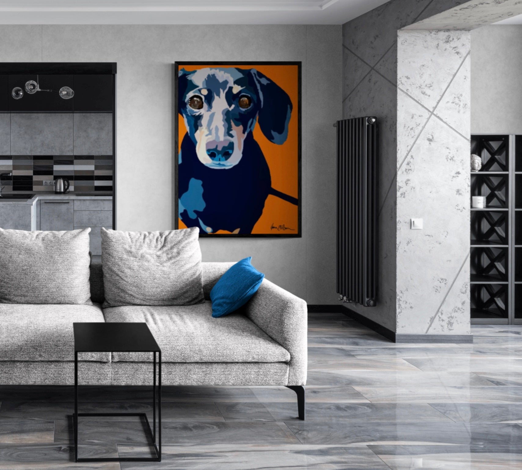 An intricately designed digital art print canvas featuring am lovable dachshund in orange background, adorned with vibrant Pop- Art patterns and colors, lounging contently in a contemporary living room.