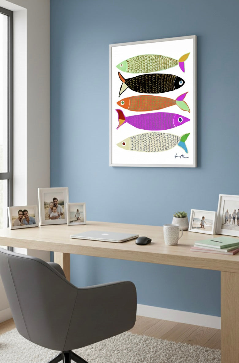 Large sardines art print in a home office