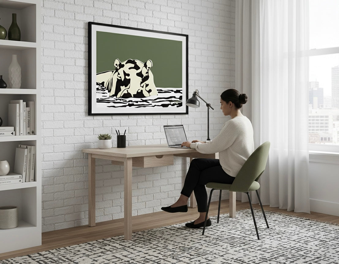Boss of the River day Edition by Ilana McBain, a contemporary hippo artwork in dark tones symbolising quiet authority, grounded confidence, and emotional strength. A woman working on a laptop at a desk with a framed picture of hippo on the wall.