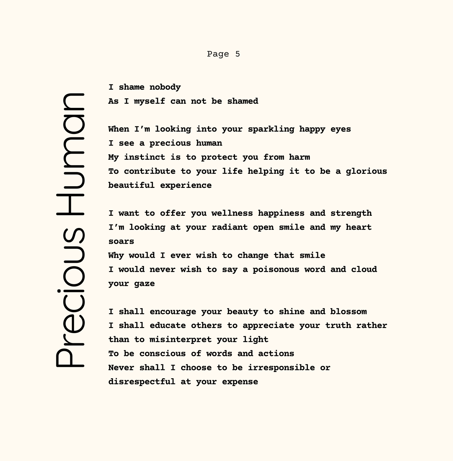 Text document with a poem titled 'Precious Human' on a white background