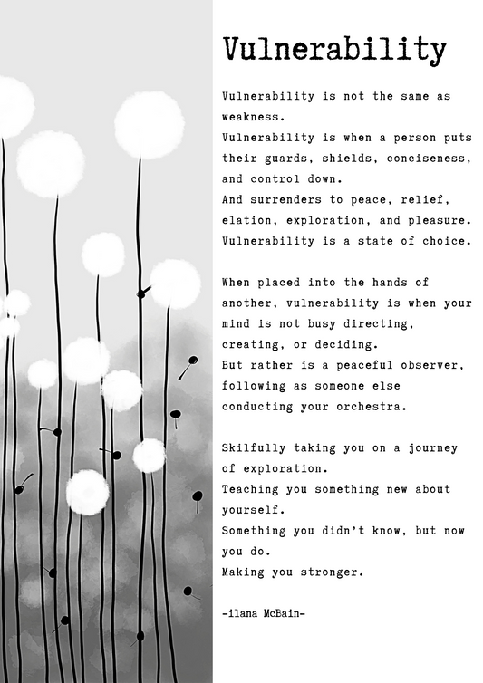 A poem called “Vulnerability” by Ilana McBain. Black and White Illustration.
