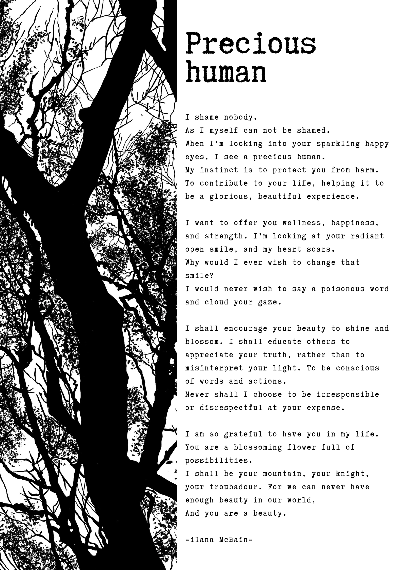 A poem called “Precious Human” by Ilana McBain. Black and White Illustration.