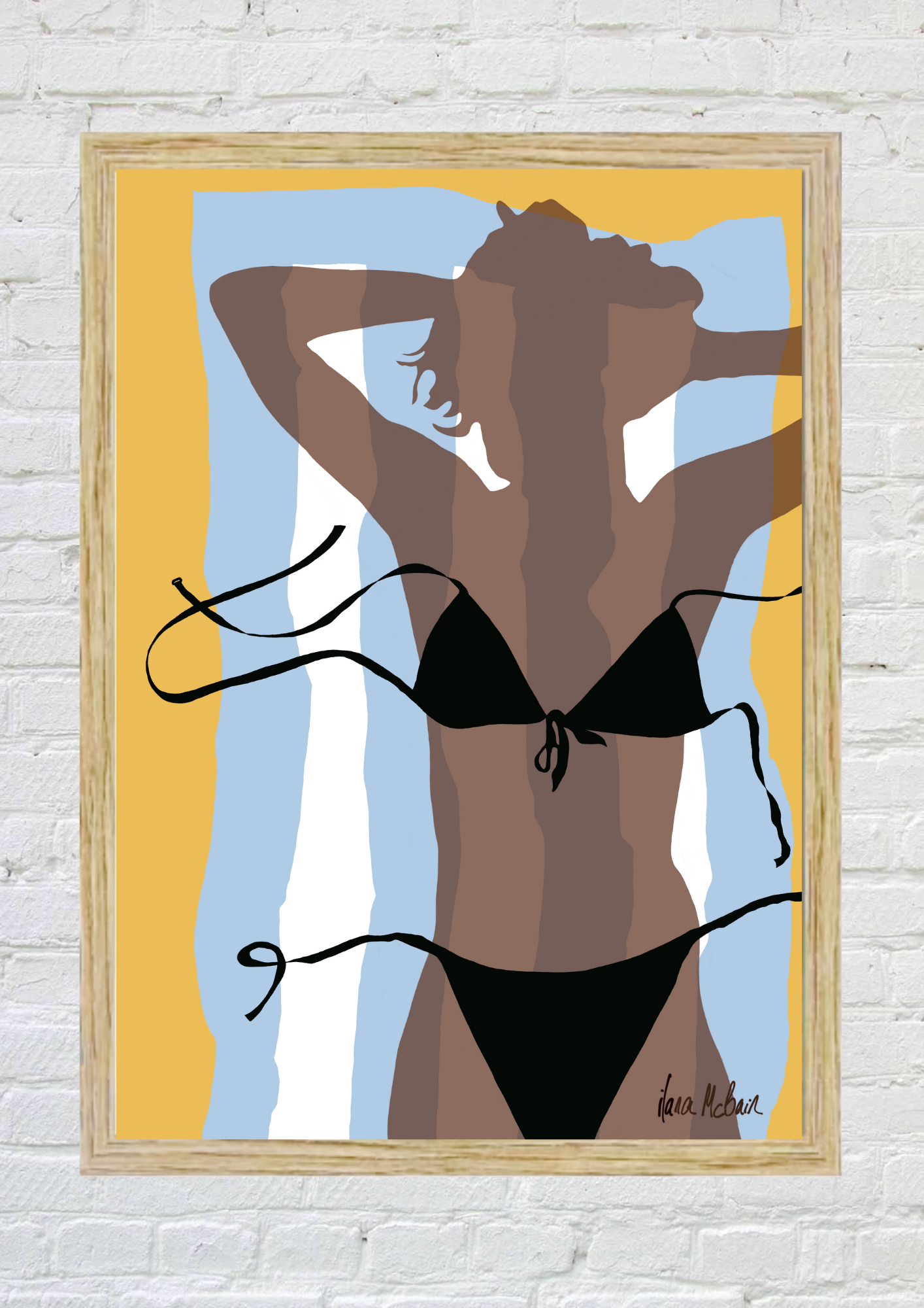 Shadow Play art print by Ilana McBain – a bold pop art design of a girl’s shadow on sand with a bikini, playful, surreal, and beach-inspired.
