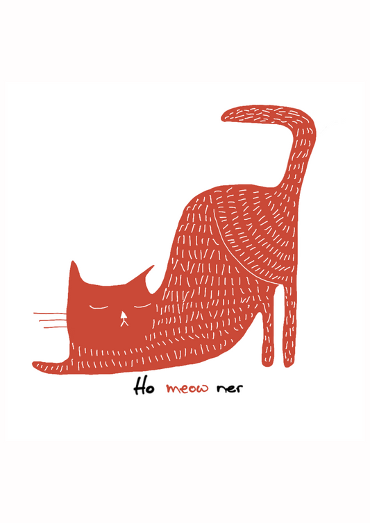 Illustration of a red cat on a white background with 'Ho meow nee' text.