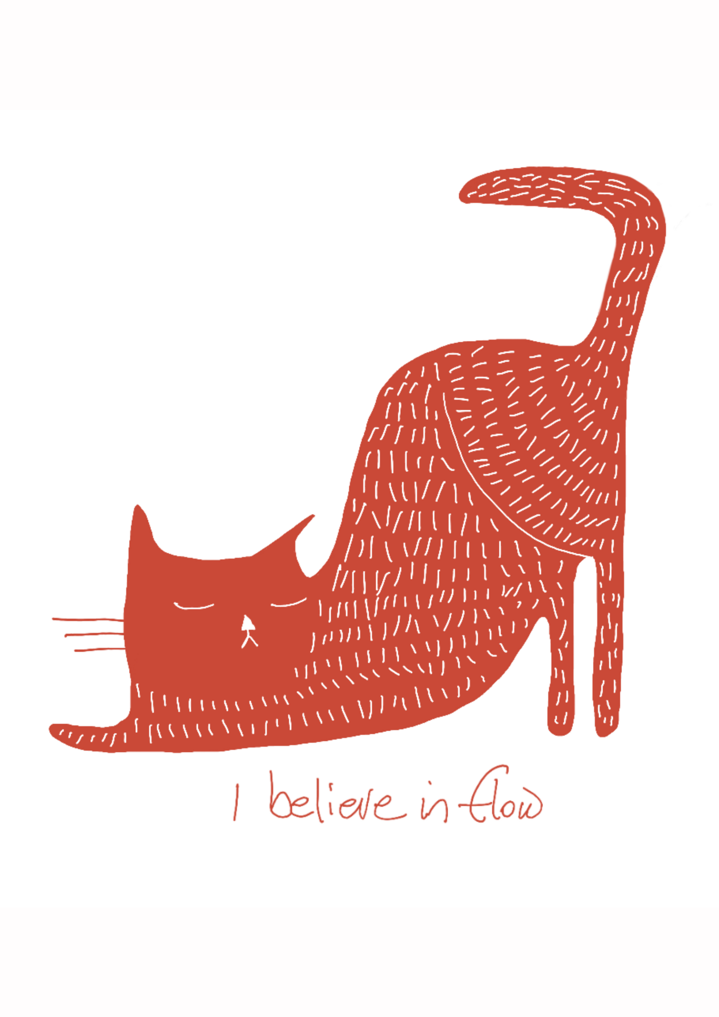 cat art print, mindful cat artwork, feline wall decor, contemporary cat illustration, calming cat poster, cat lover gift, modern cat art, zen cat painting, red.