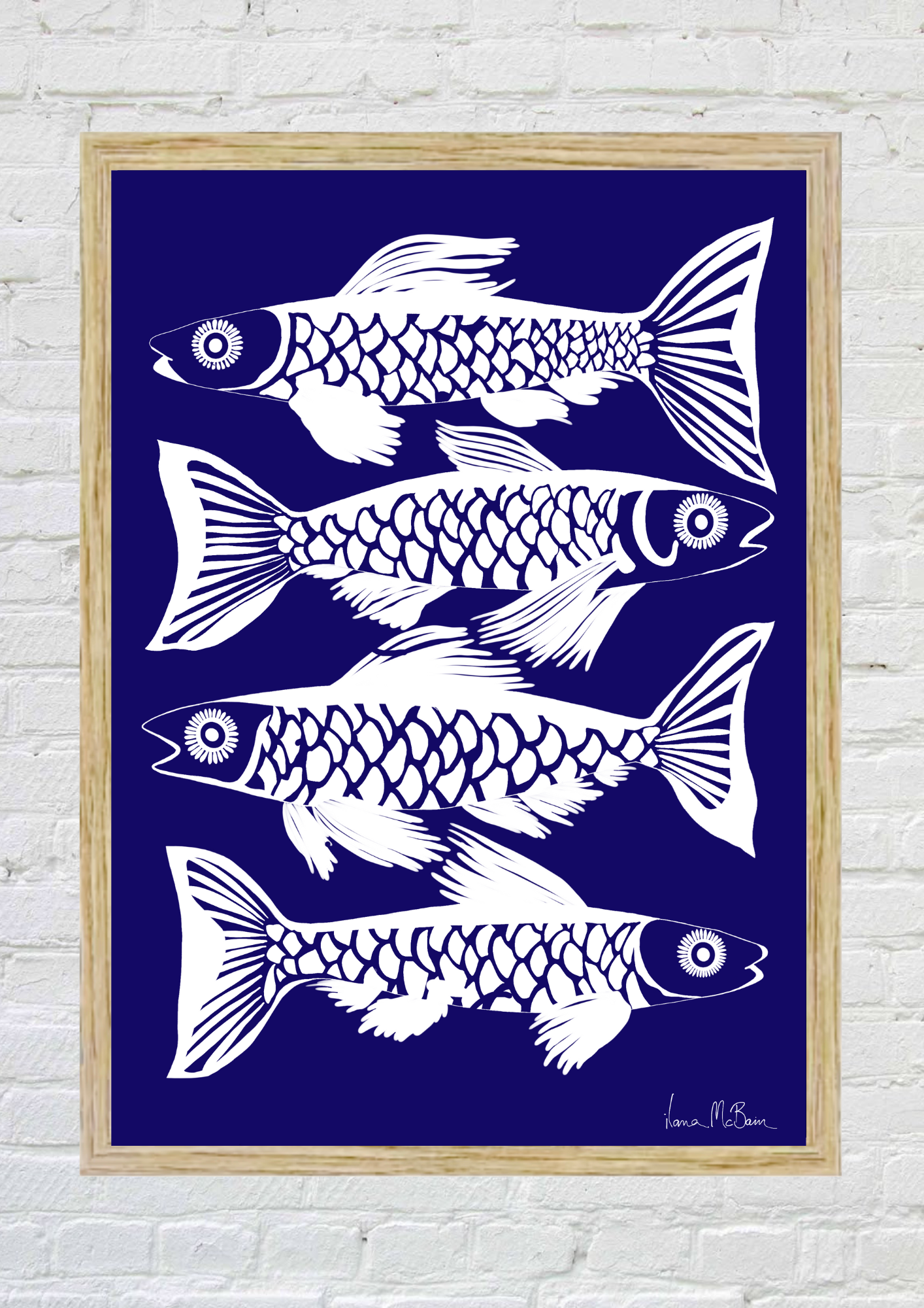 Opulent Currents - Fish Art Print - White / Navy