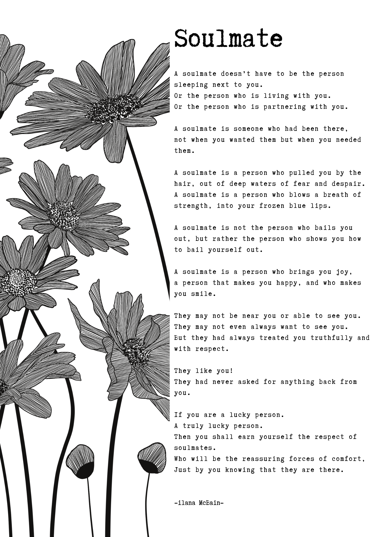 A poem called “Soulmate” by Ilana McBain. Black and White Illustration.