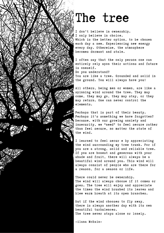 A poem called “The Tree” by Ilana McBain. Black and White Illustration.