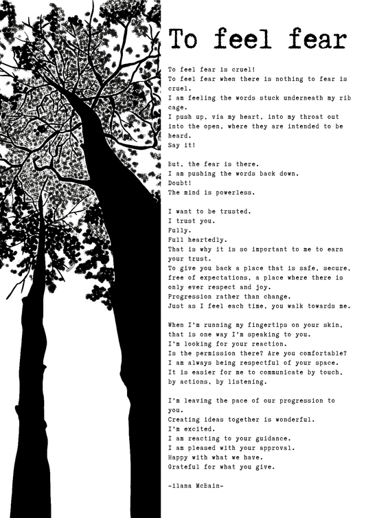 A poem called “To Feel fear” by Ilana McBain. Black and White Illustration.