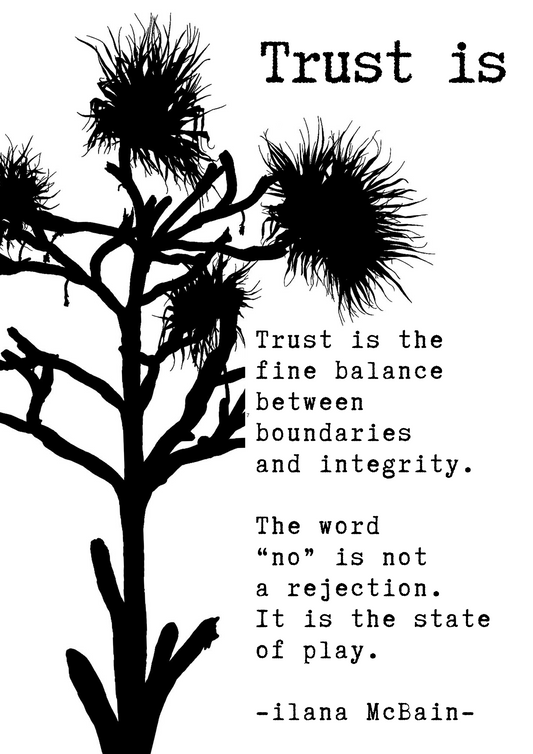 A poem called “Trust Is” by Ilana McBain. Black and White Illustration.