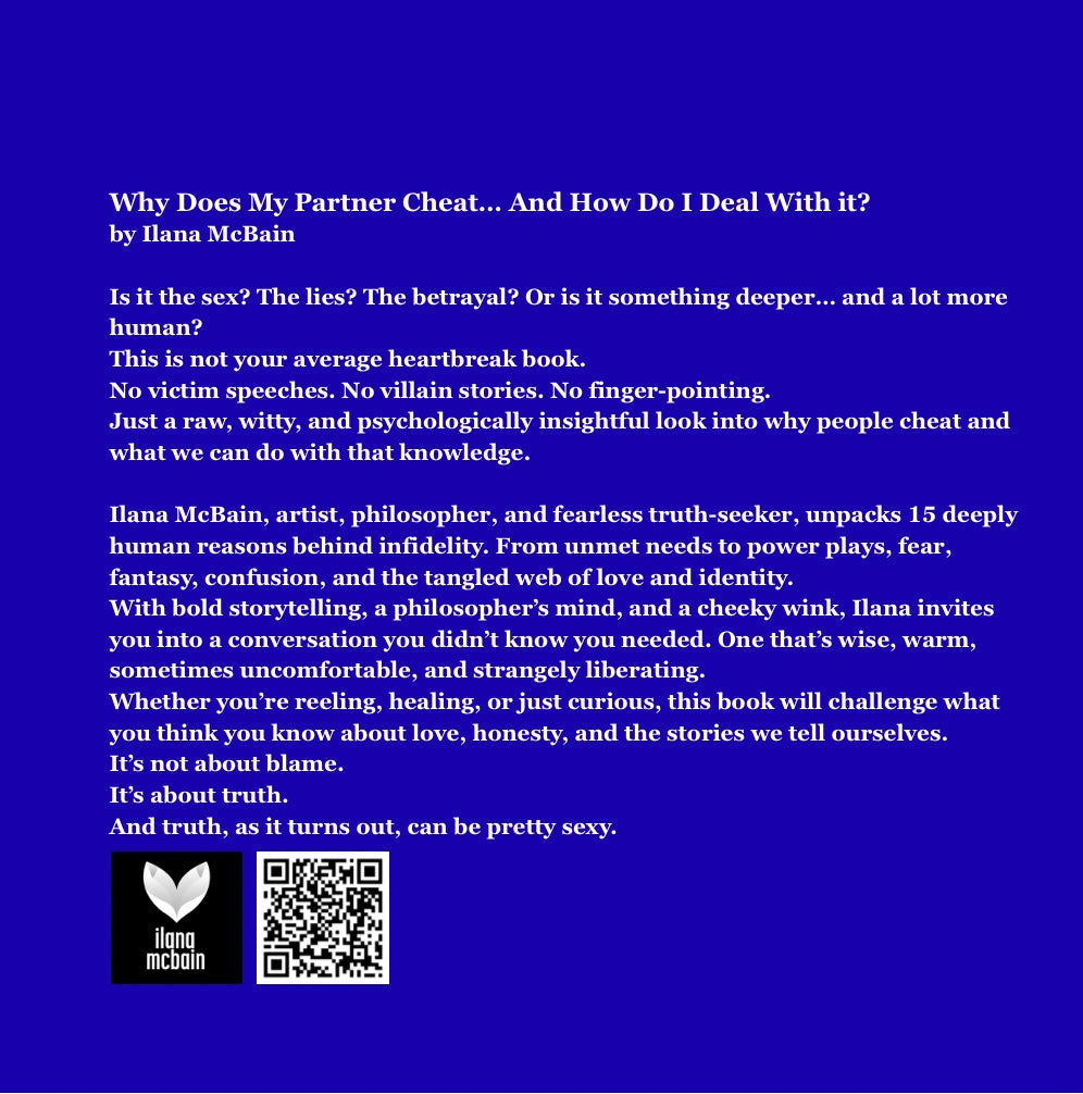Book cover with text about a book on infidelity by Ilana McBain on a blue background.