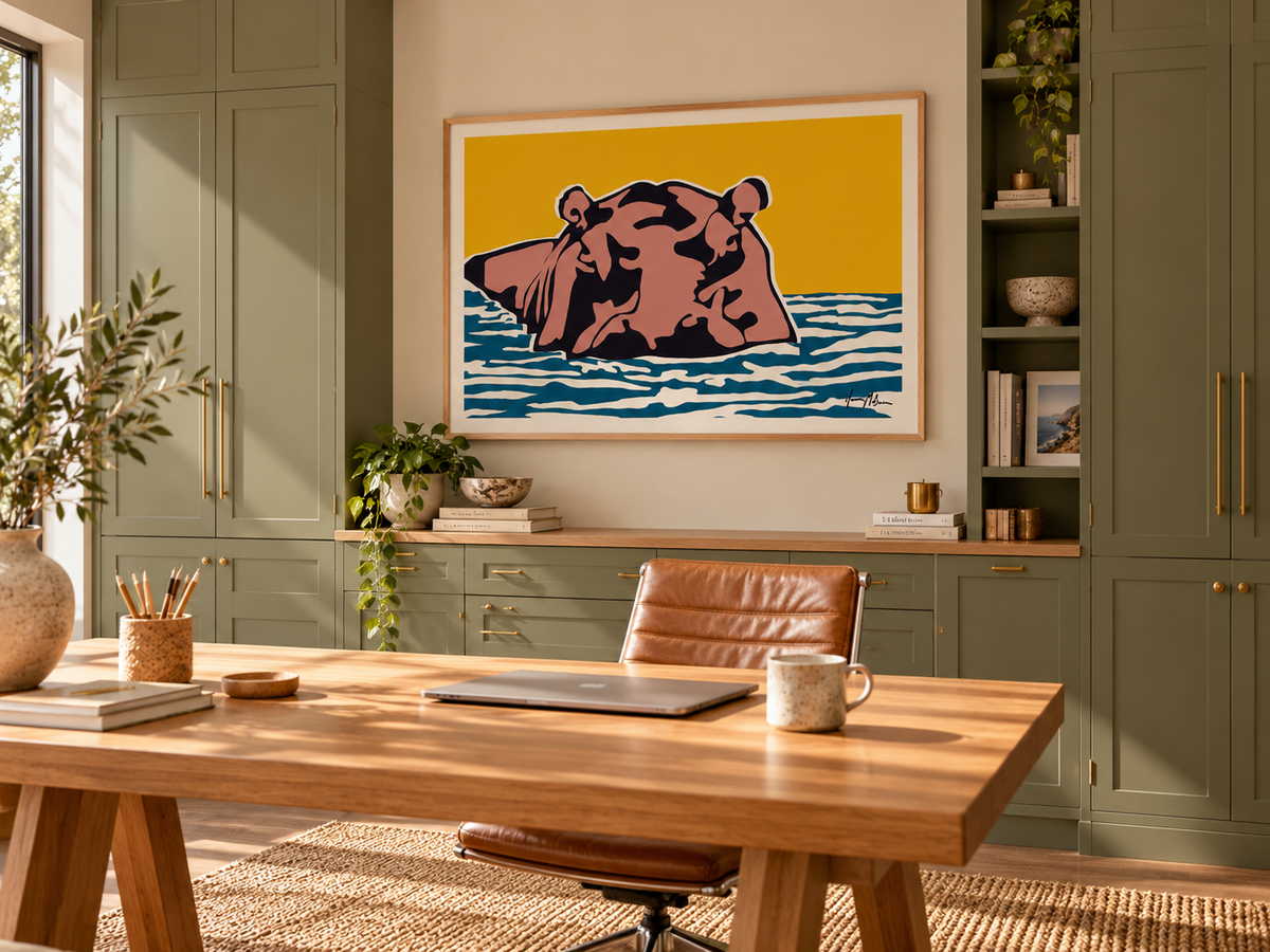 Boss of the River contemporary hippo art print by Ilana McBain displayed in a warm modern home office with olive built-in cabinetry, light timber furniture and natural styling.