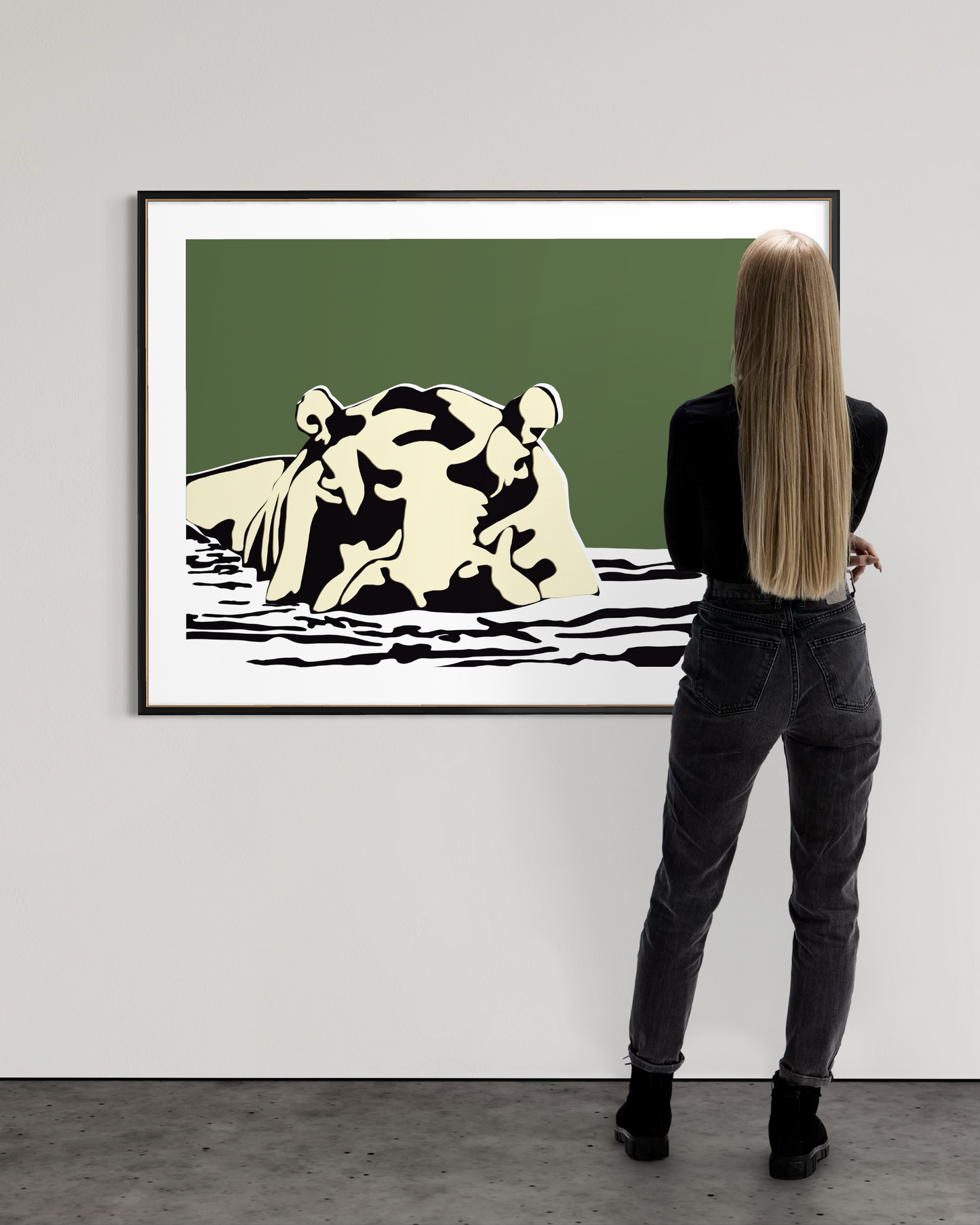 Boss of the River Olive Edition hippo wall art by Australian artist Ilana McBain displayed in modern interior with viewer for scale
