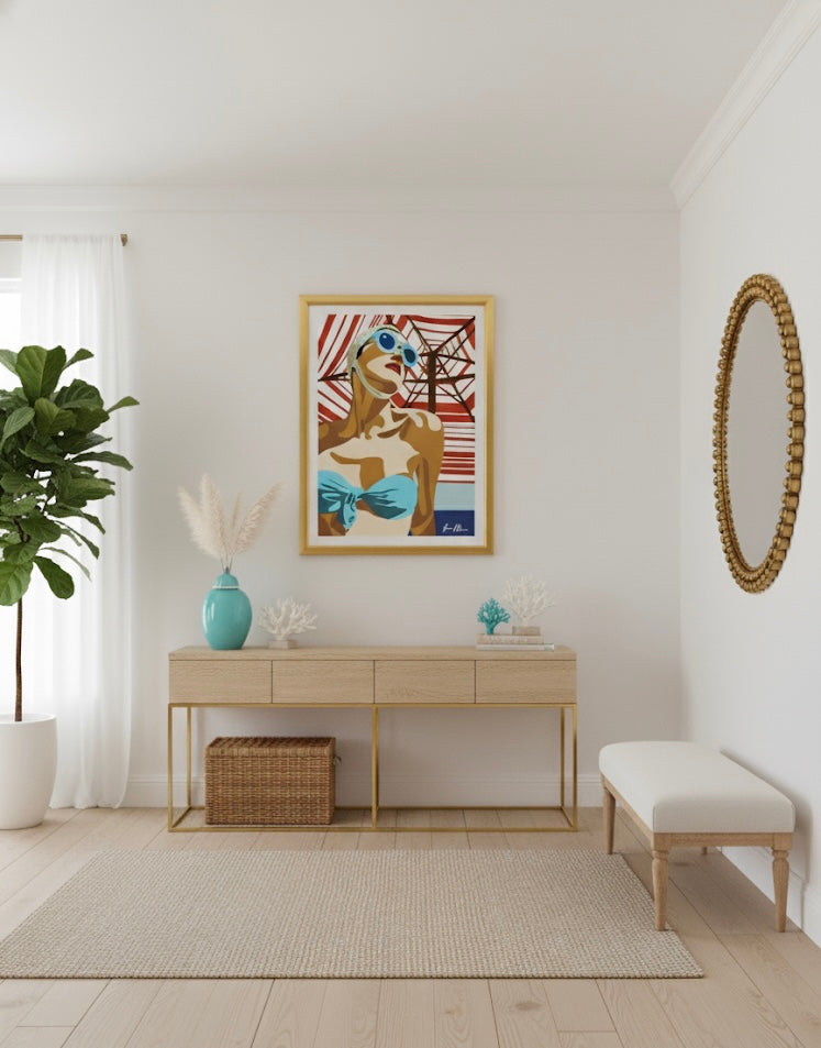 Artistic art peint, retro depiction of a woman in a blue bikini and sunglasses against a red and white striped beach umbrella background on a wall with a mirror and a large plant.