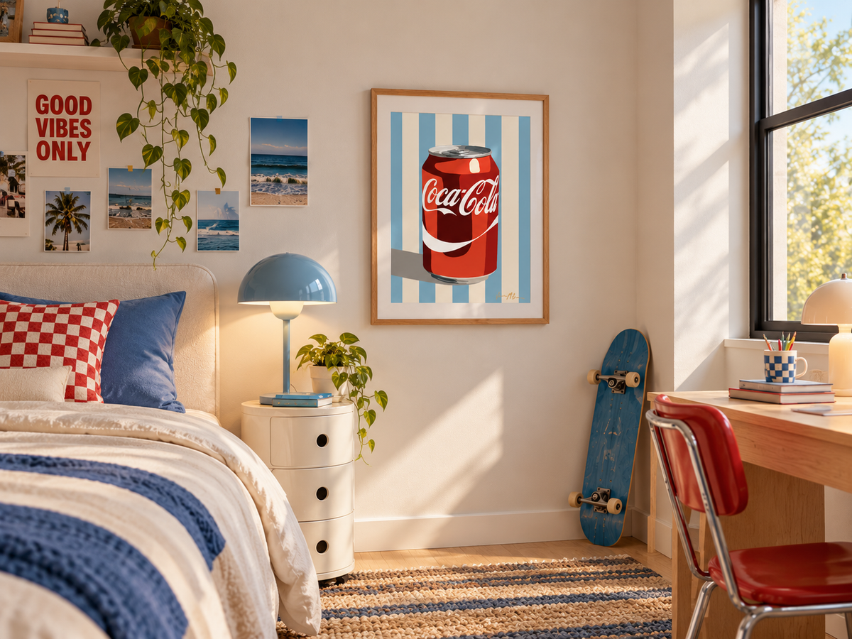 Classic Fizz blue and cream retro cola pop art print by Ilana McBain displayed in a stylish teen bedroom with blue, cream and red accents.